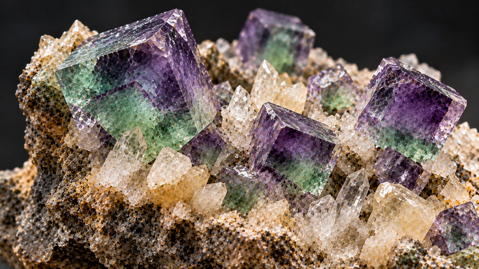 Fluorita natural creciendo en matriz mineral