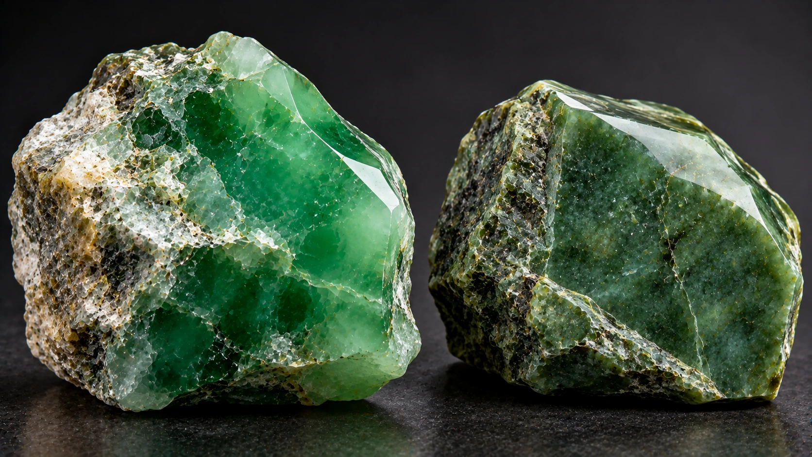 Jadeíta y nefrita naturales comparadas