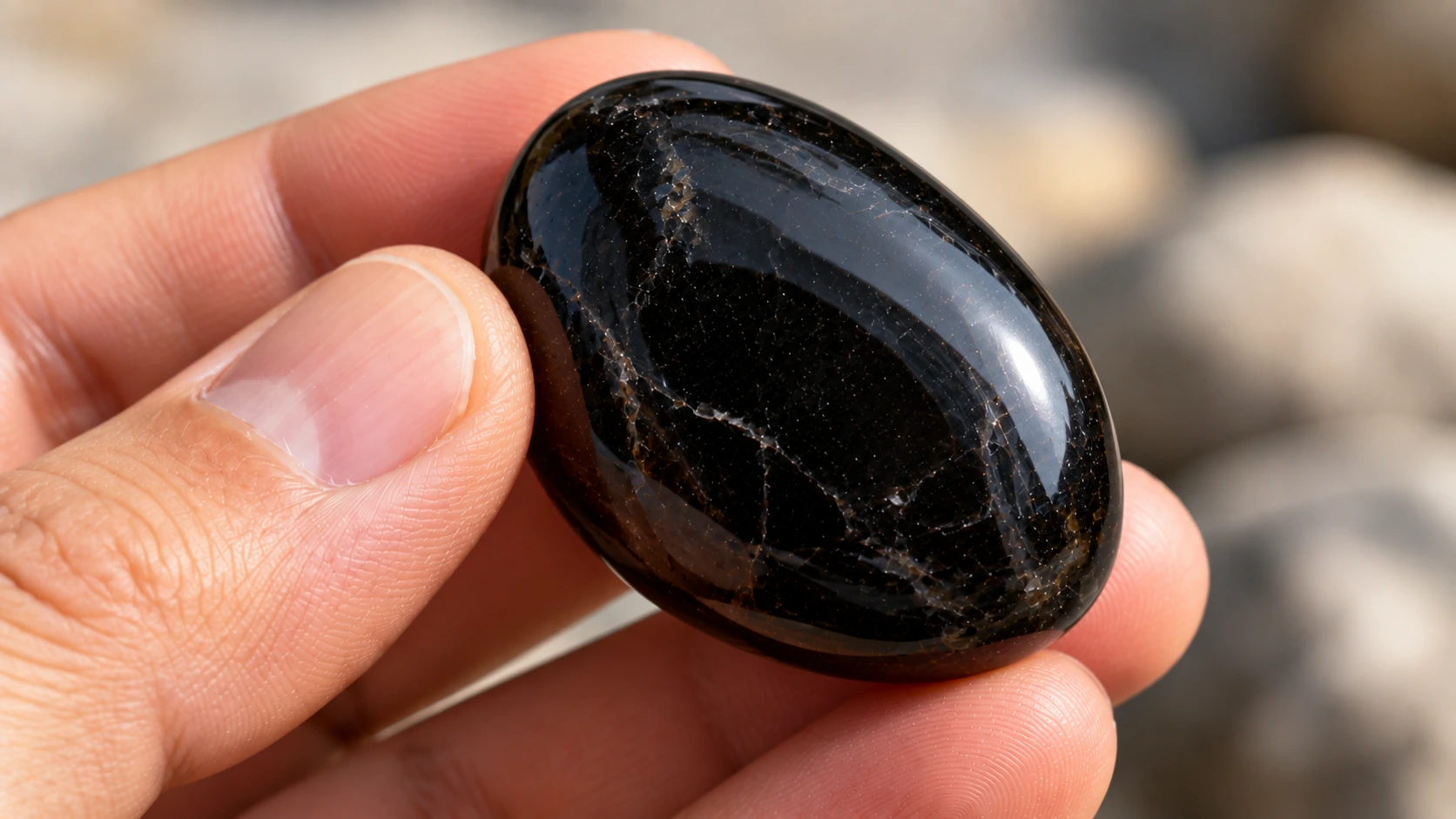 Piedra negra de ónix pulida sostenida en una mano