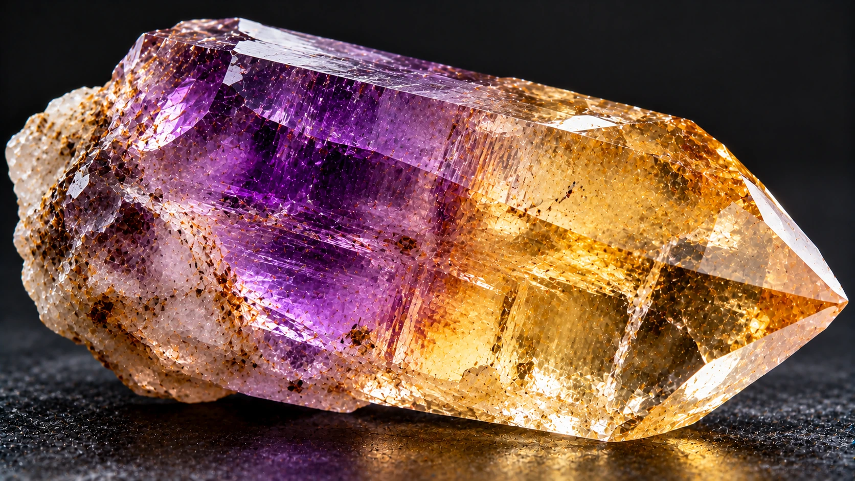 Cristal natural de ametrino con zonas violetas y amarillas