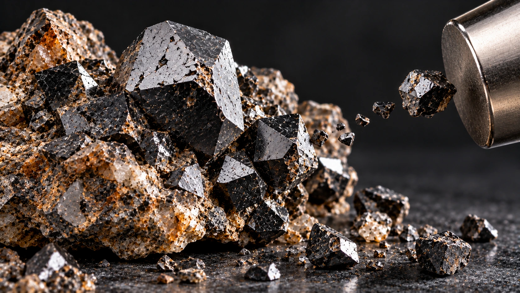Magnetita natural negra mostrando atracción magnética