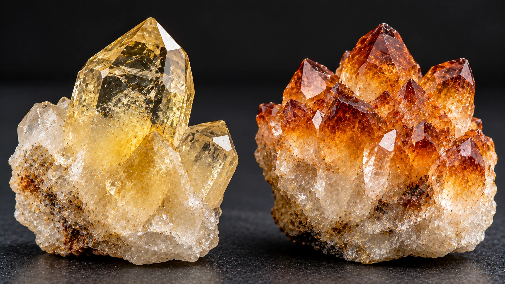 Citrino natural comparado con amatista tratada térmicamente