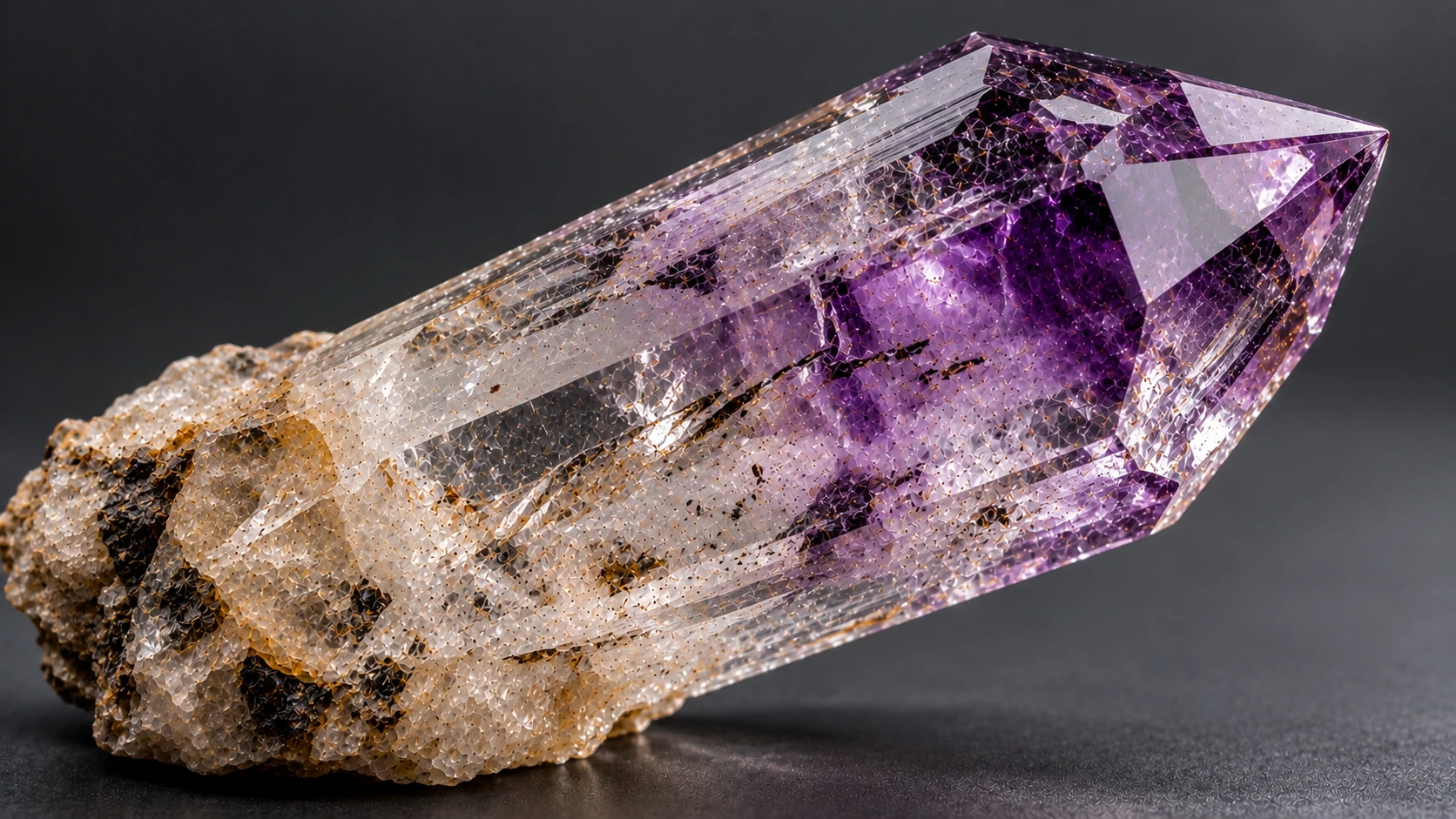 Detalle de una amatista Brandberg transparente con zonificación violeta